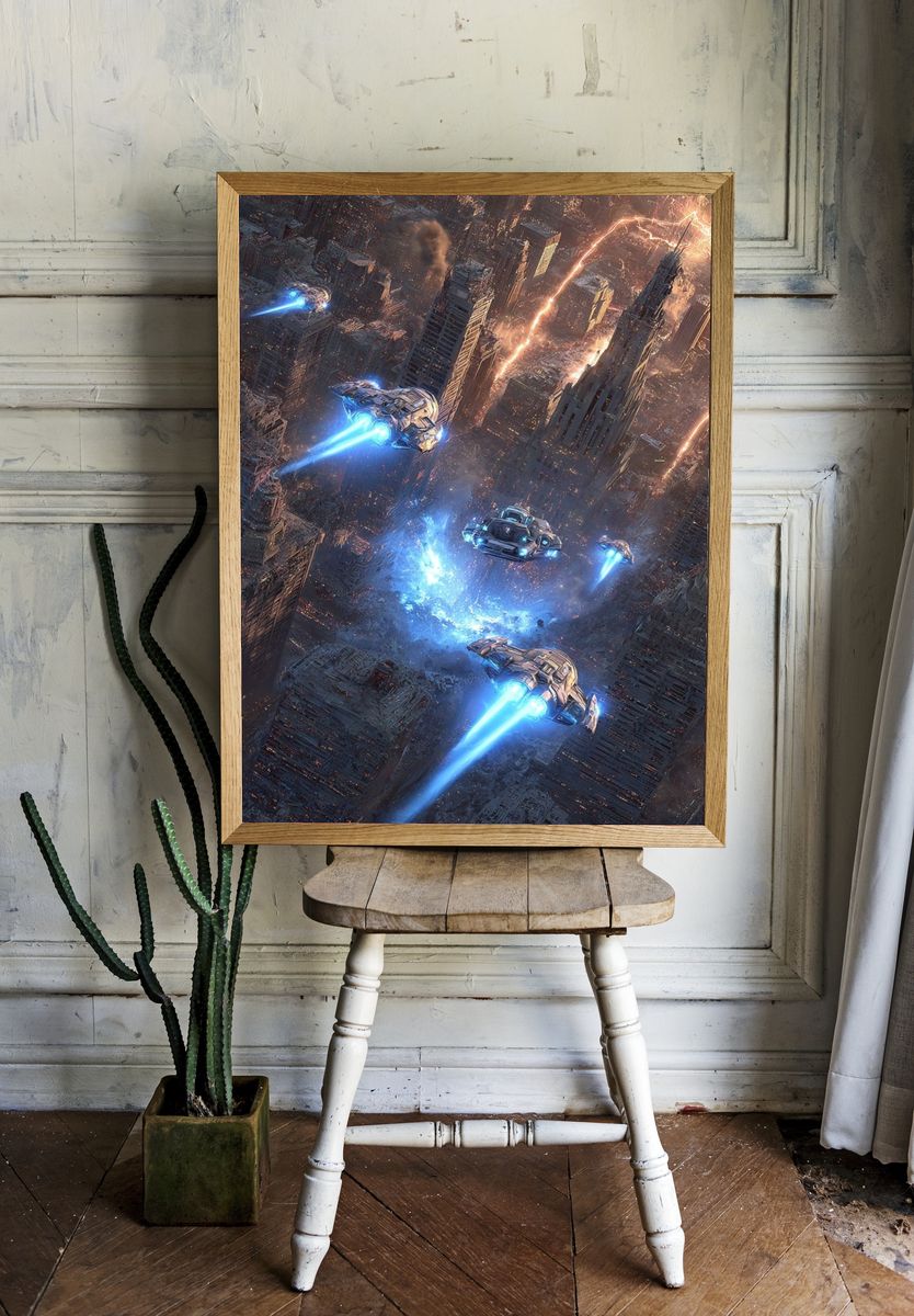 Futuristic City Chase Illustration Poster. room preview