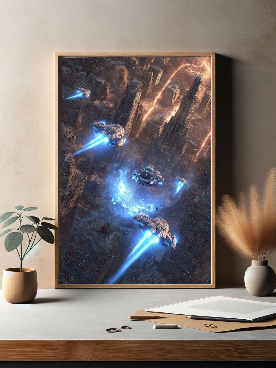 Futuristic City Chase Illustration Poster. — room view 2