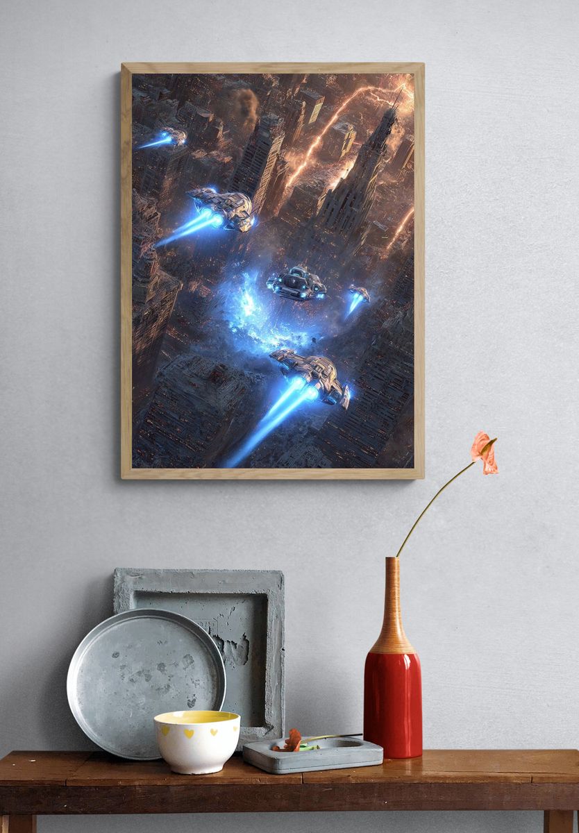 Futuristic City Chase Illustration Poster. — room view 3