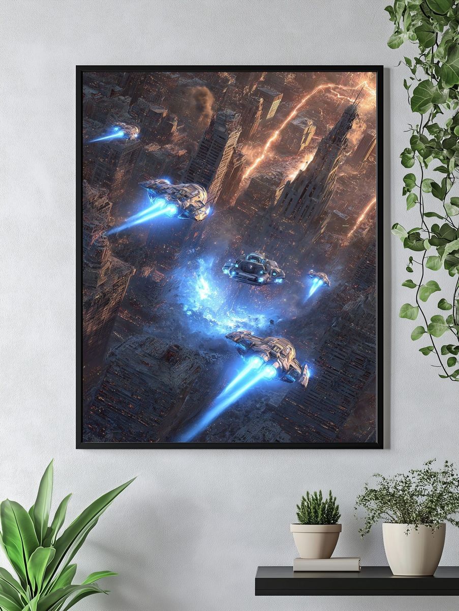 Futuristic City Chase Illustration Poster. — room view 4