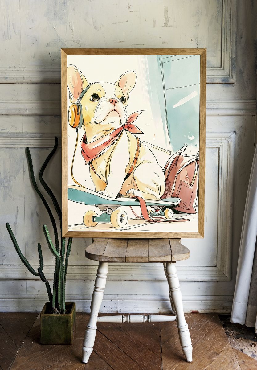 French Bulldog Skateboard Illustration Poster. room preview