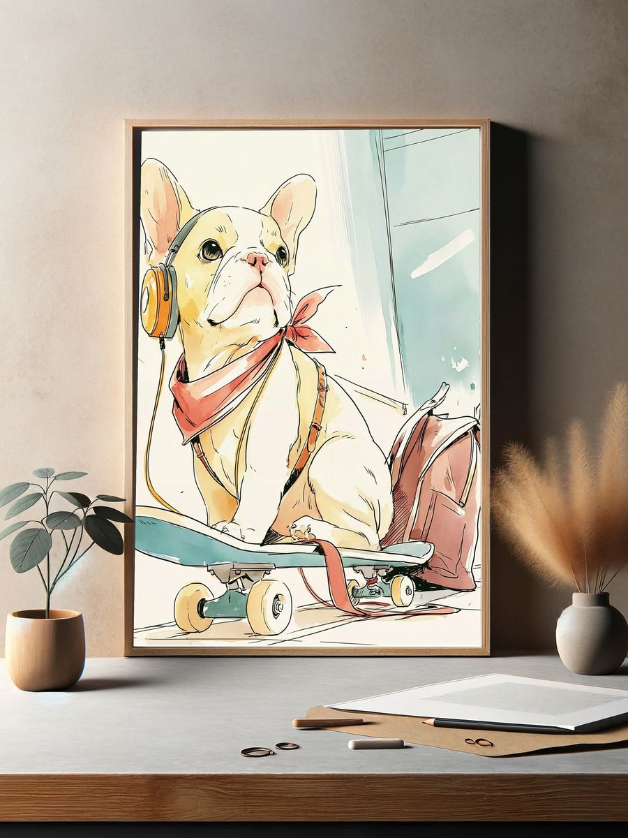French Bulldog Skateboard Illustration Poster. — room view 2