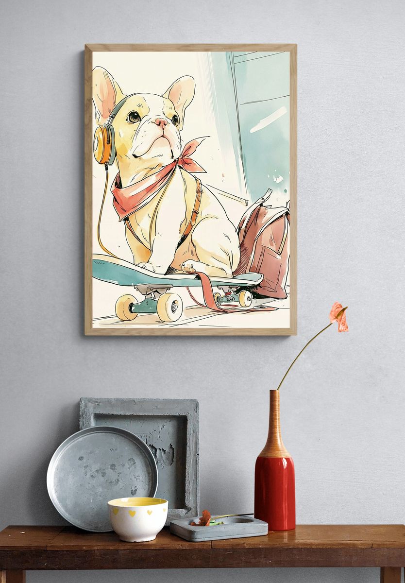 French Bulldog Skateboard Illustration Poster. — room view 3
