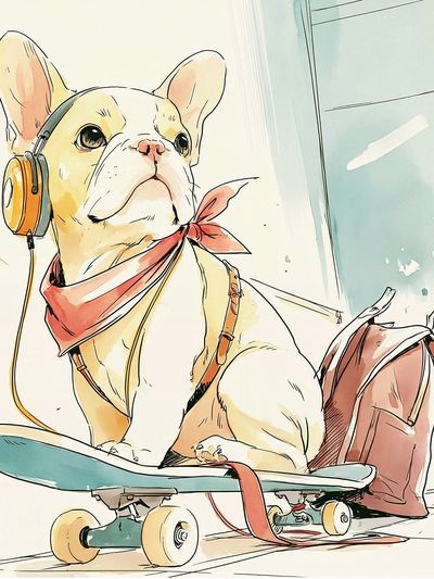 French Bulldog Skateboard Illustration Poster.