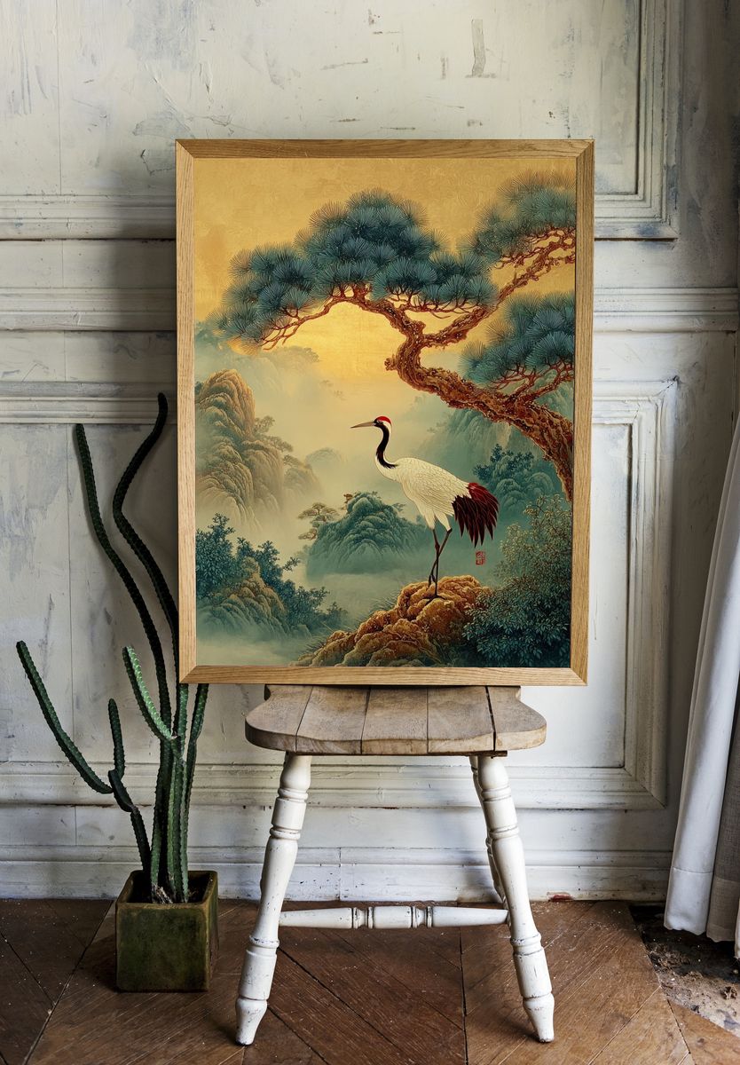Crane in Misty Pines Illustration Poster. room preview