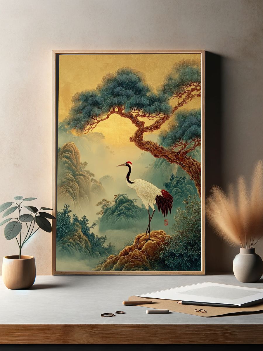 Crane in Misty Pines Illustration Poster. — room view 2