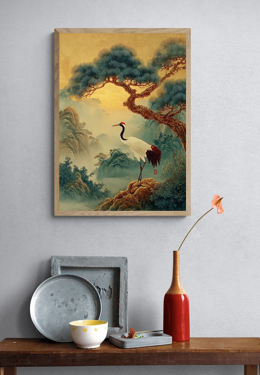 Crane in Misty Pines Illustration Poster. — room view 3