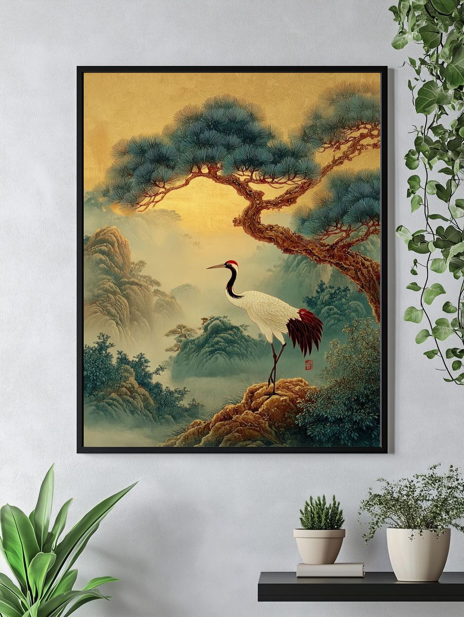 Crane in Misty Pines Illustration Poster. — room view 4