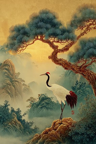 Crane in Misty Pines Illustration Poster.