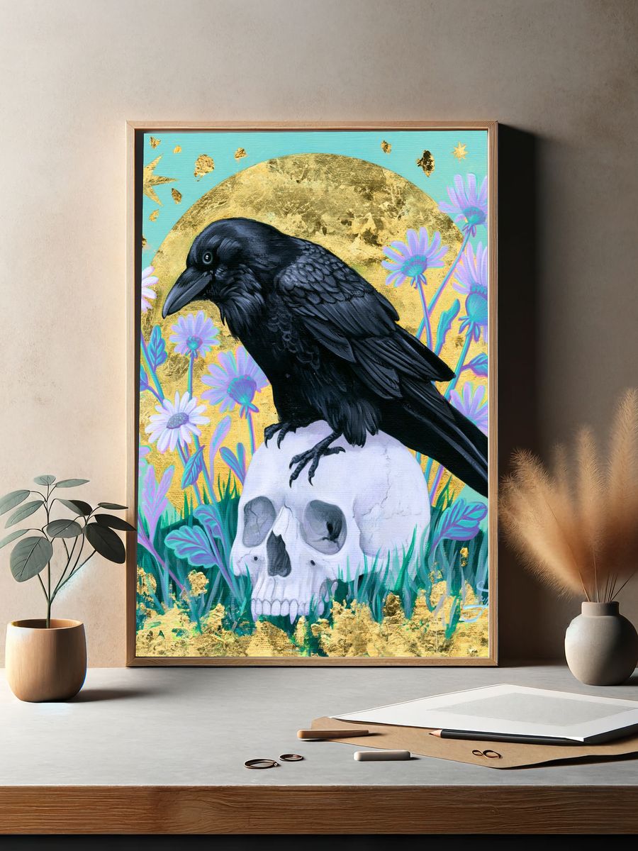 Raven on Skull Illustration Poster. — room view 2
