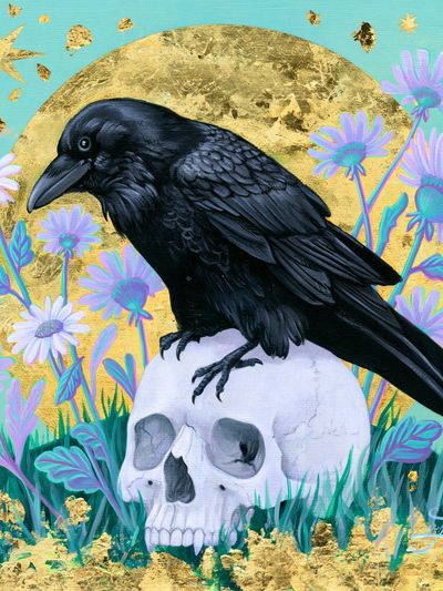 Raven on Skull Illustration Poster.