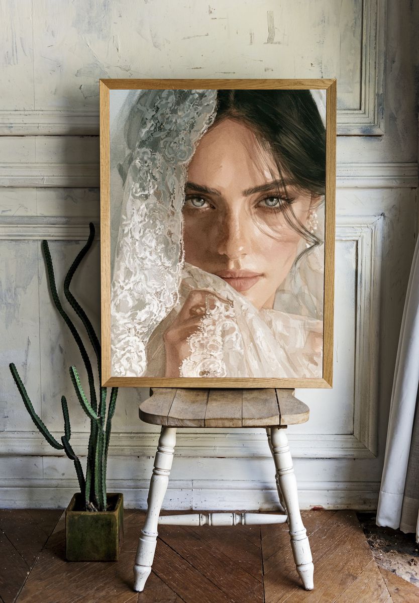 Veiled Bride Watercolor Portrait Print. — room view 1