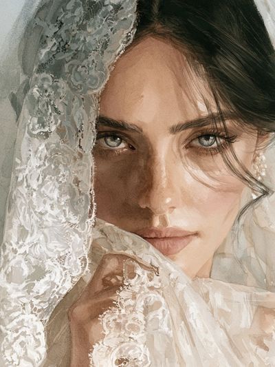 Veiled Bride Watercolor Portrait Print.