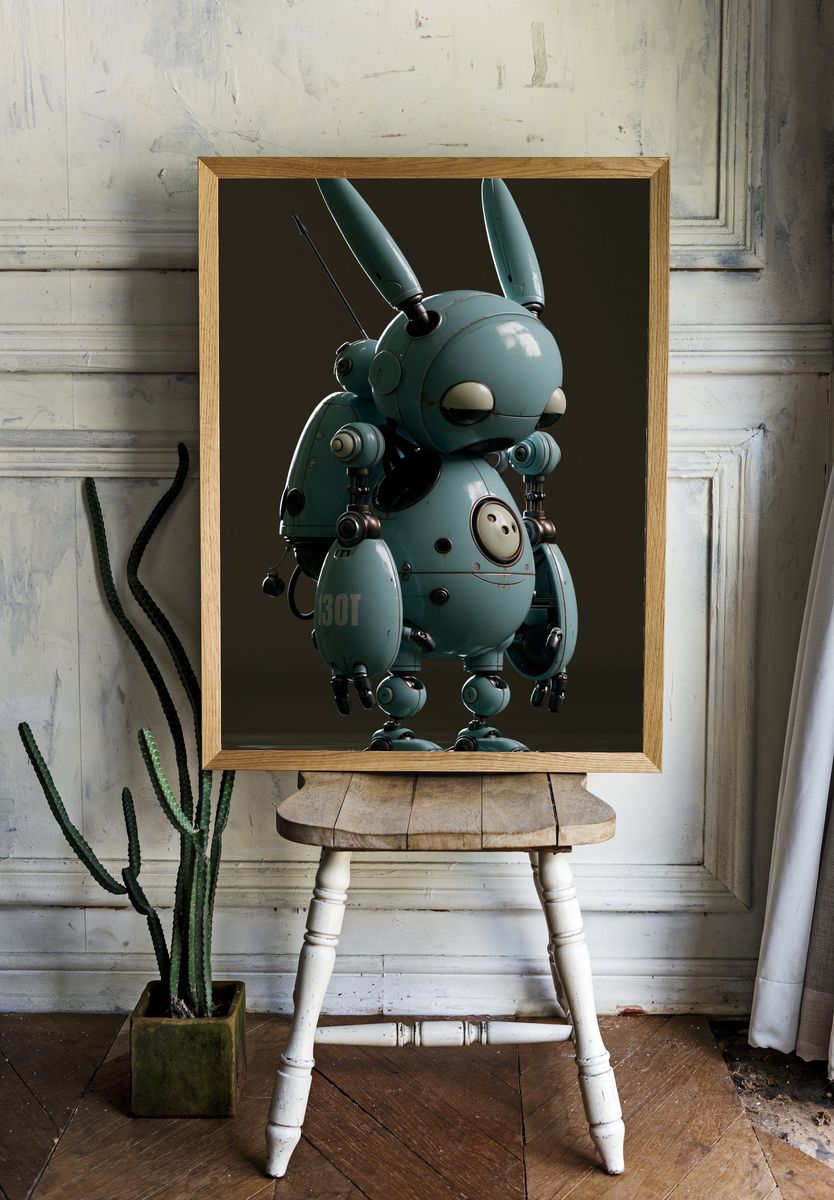 Blue Bunny Robot Illustration Poster. — room view 1