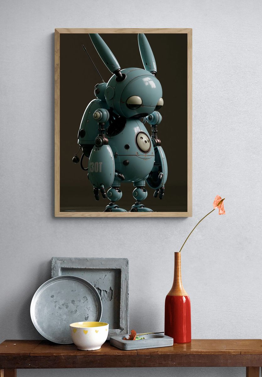Blue Bunny Robot Illustration Poster. — room view 3