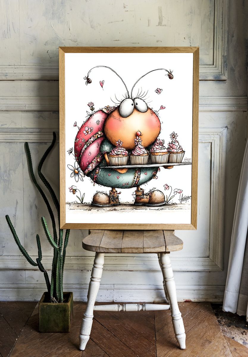 Cute Bug with Cupcakes Illustration Poster. — room view 1