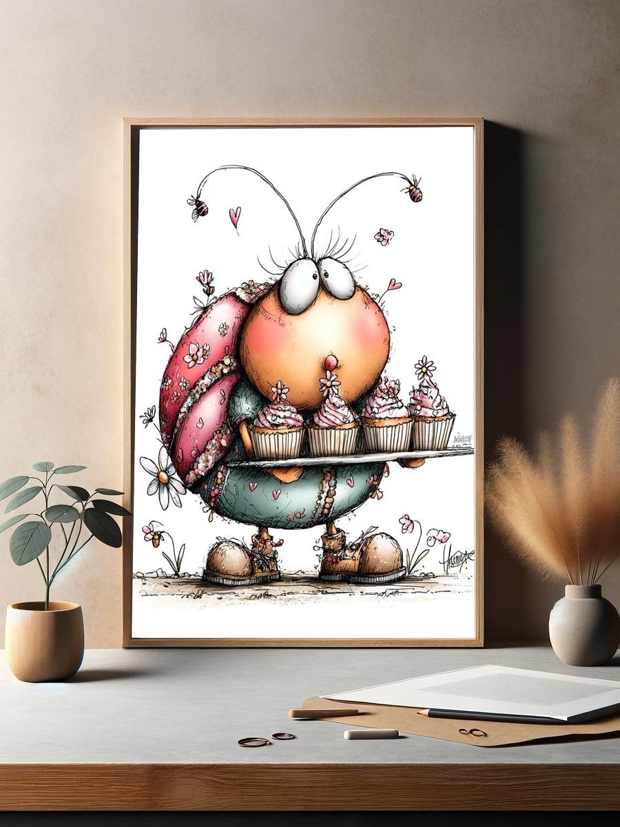 Cute Bug with Cupcakes Illustration Poster. — room view 2