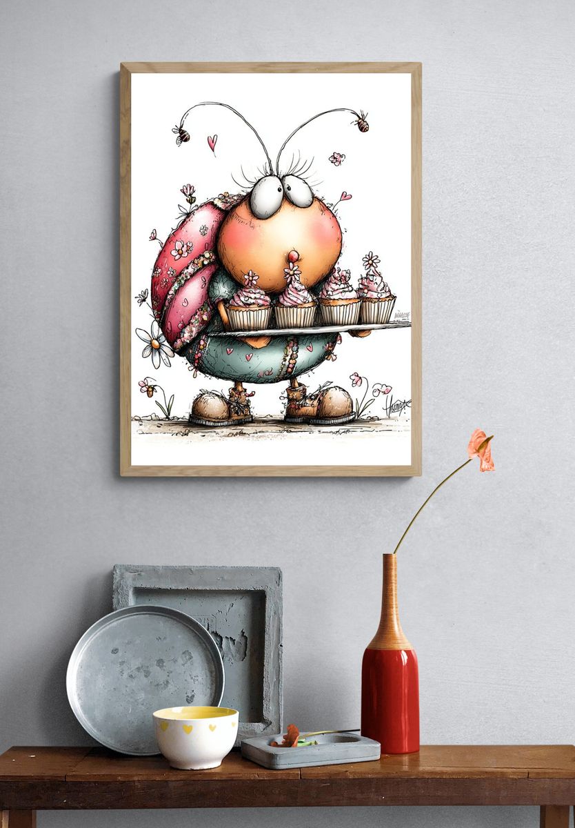 Cute Bug with Cupcakes Illustration Poster. — room view 3