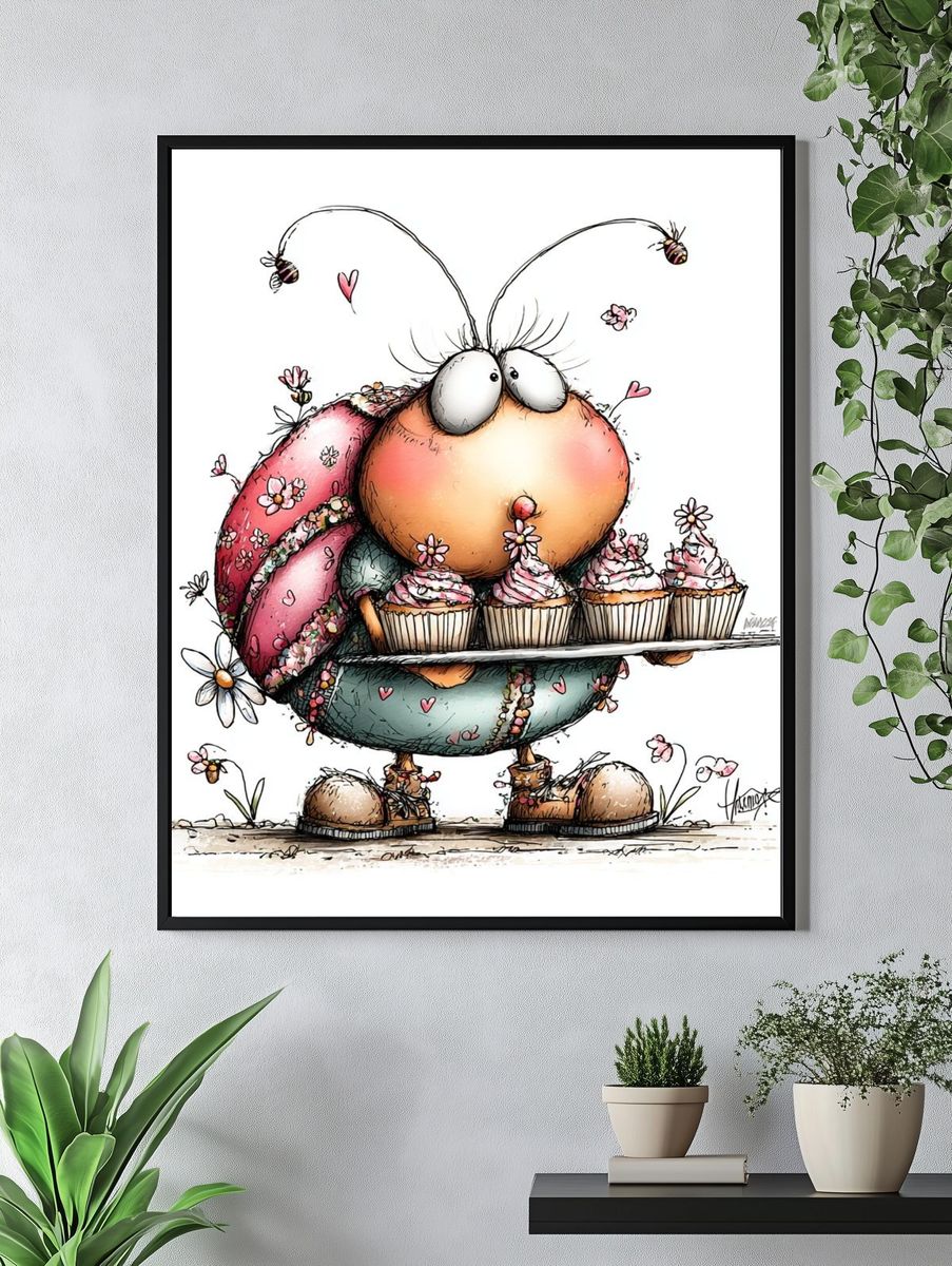 Cute Bug with Cupcakes Illustration Poster. — room view 4