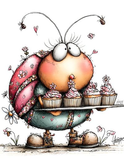 Cute Bug with Cupcakes Illustration Poster. poster print
