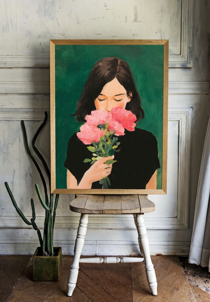 Girl with Pink Flowers Illustration Poster. room preview