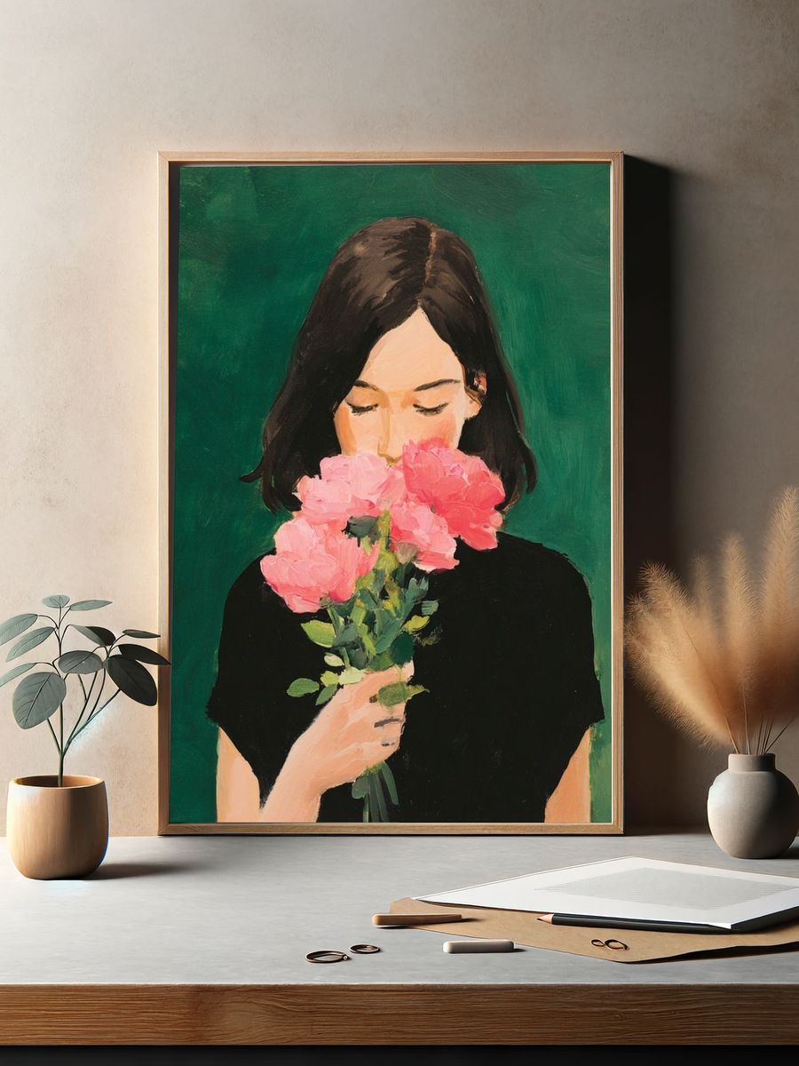 Girl with Pink Flowers Illustration Poster. — room view 2