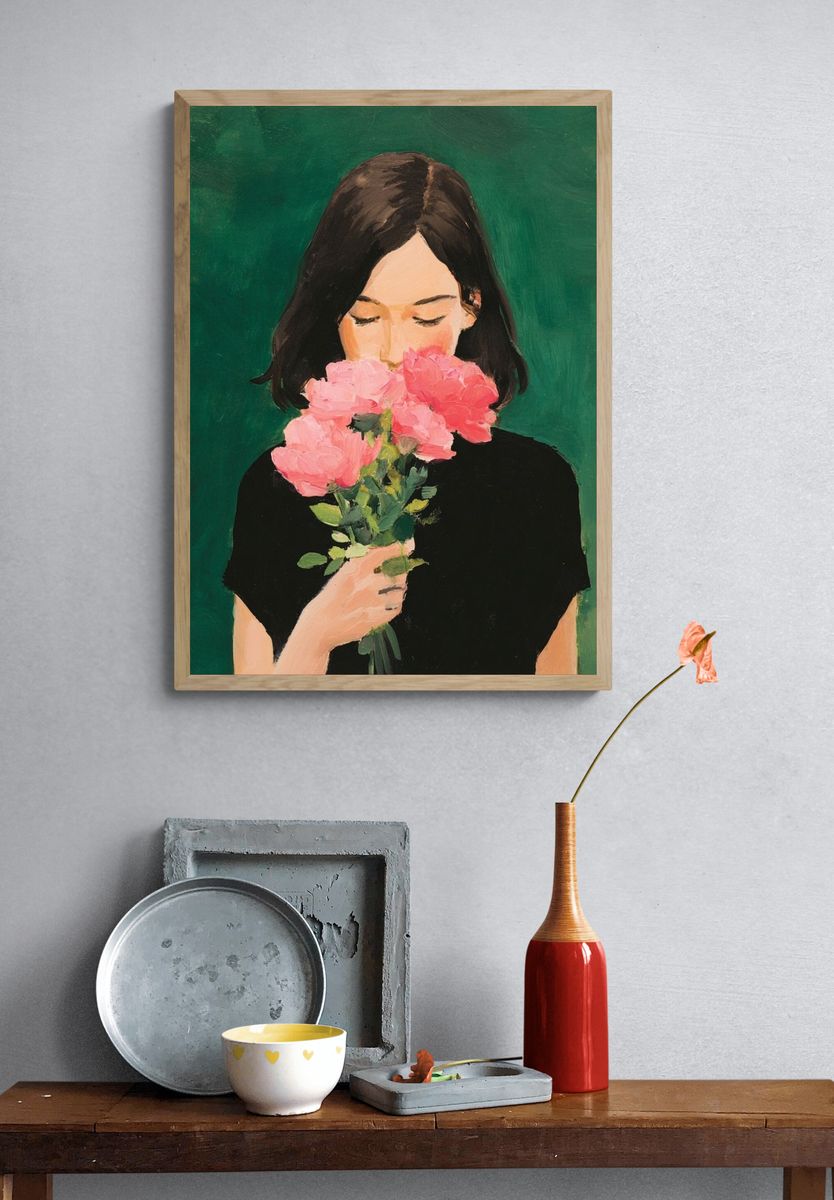 Girl with Pink Flowers Illustration Poster. — room view 3