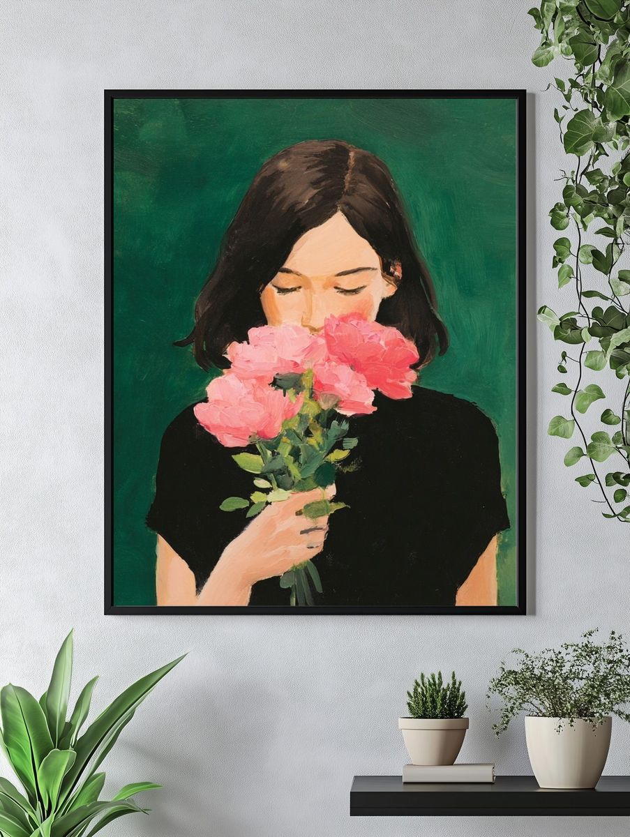 Girl with Pink Flowers Illustration Poster. — room view 4