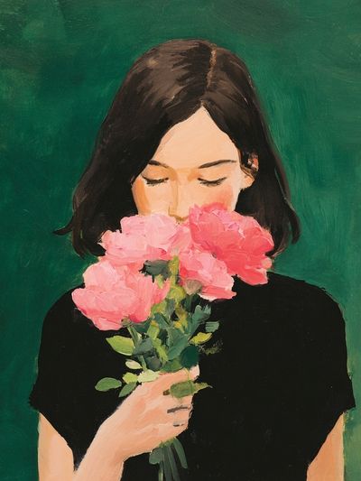 Girl with Pink Flowers Illustration Poster.