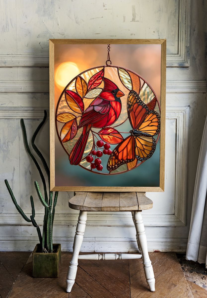 Cardinal and Butterfly Stained Glass Print. — room view 1