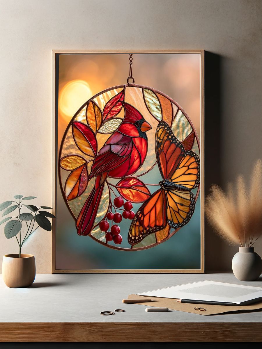 Cardinal and Butterfly Stained Glass Print. — room view 2