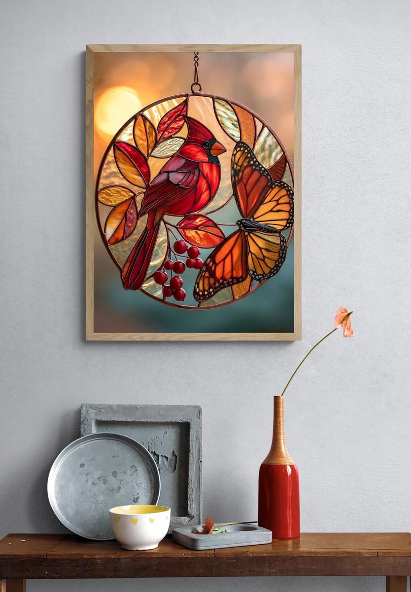 Cardinal and Butterfly Stained Glass Print. — room view 3