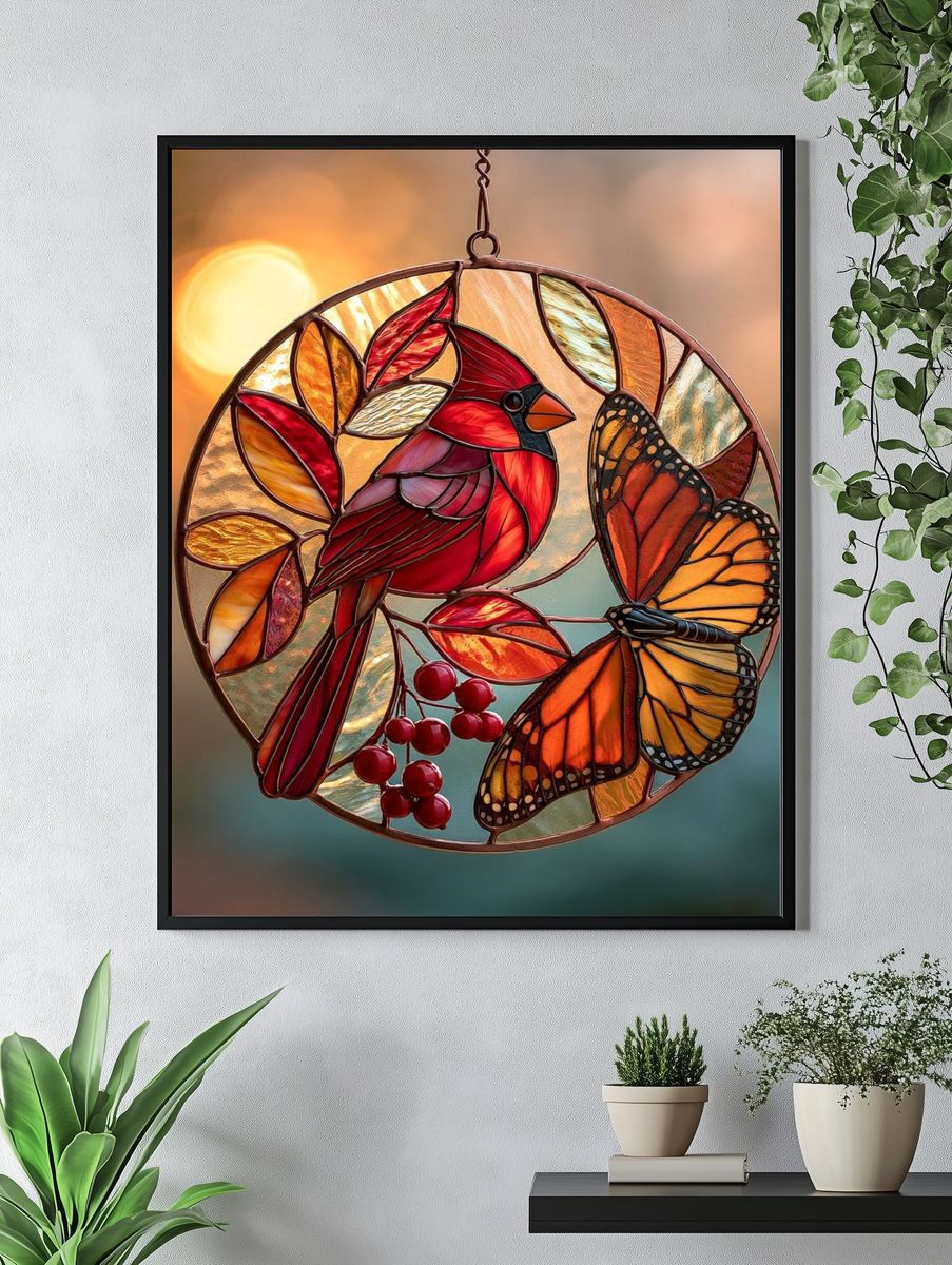 Cardinal and Butterfly Stained Glass Print. — room view 4