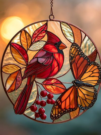 Cardinal and Butterfly Stained Glass Print.