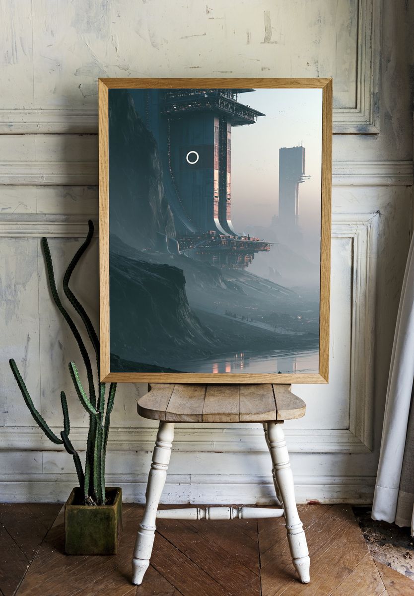 Futuristic Cliff Cityscape Poster. room preview