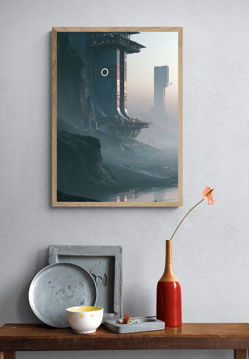 Futuristic Cliff Cityscape Poster. — room view 3