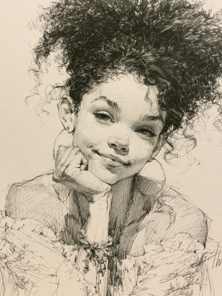Curly Hair Portrait Illustration Poster. poster detail