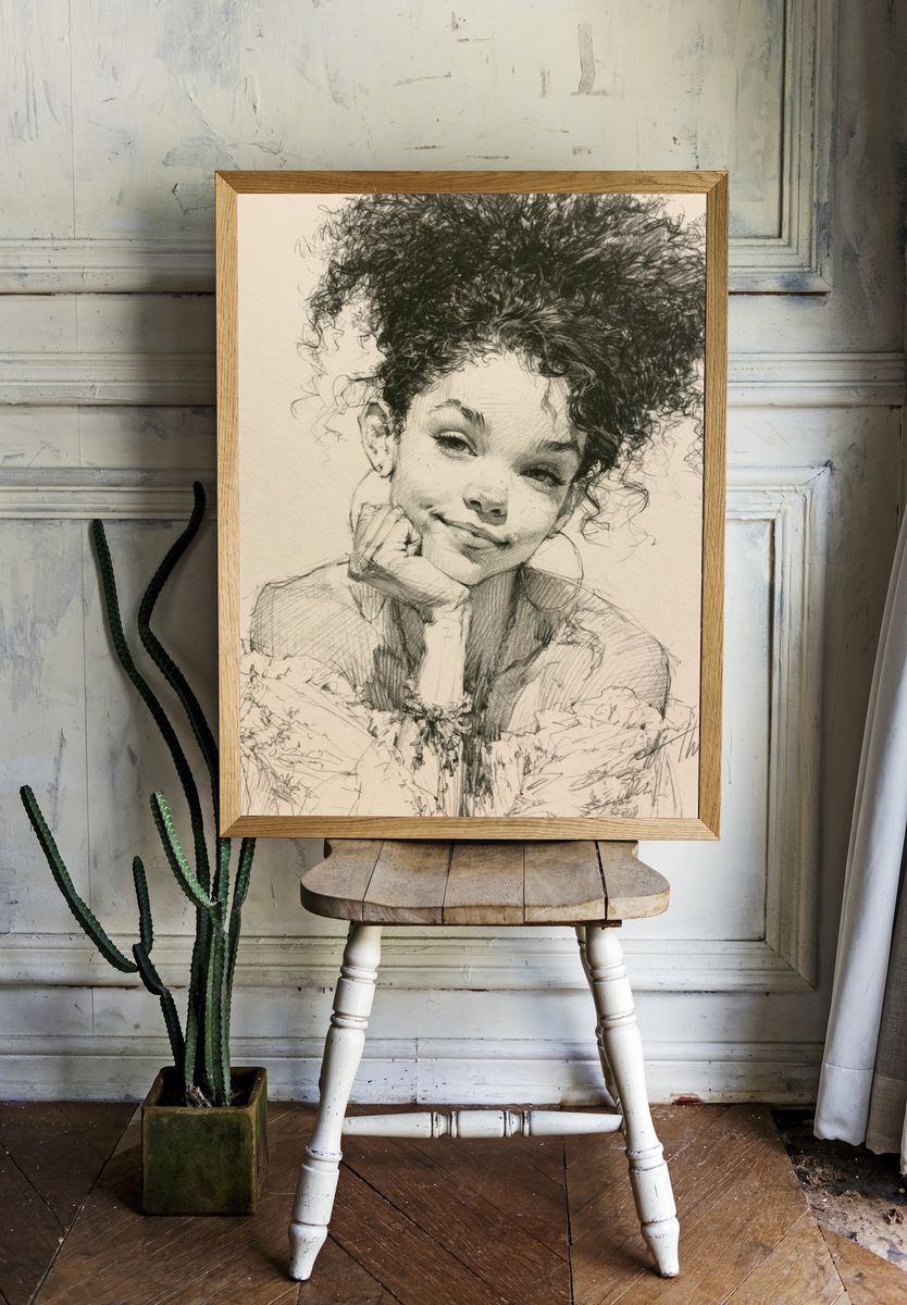 Curly Hair Portrait Illustration Poster. room preview