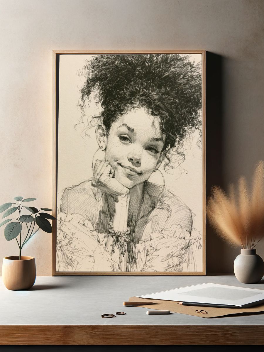 Curly Hair Portrait Illustration Poster. — room view 2