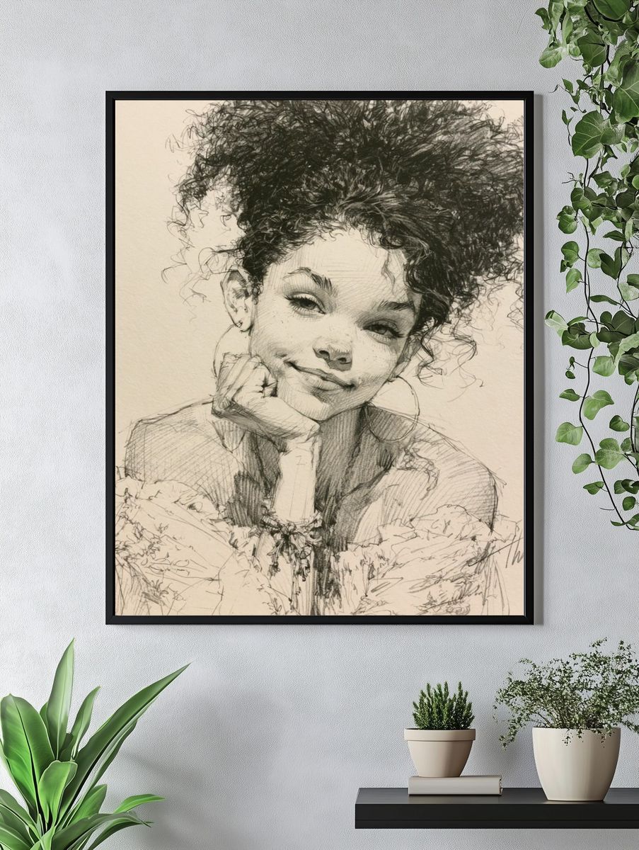Curly Hair Portrait Illustration Poster. — room view 4
