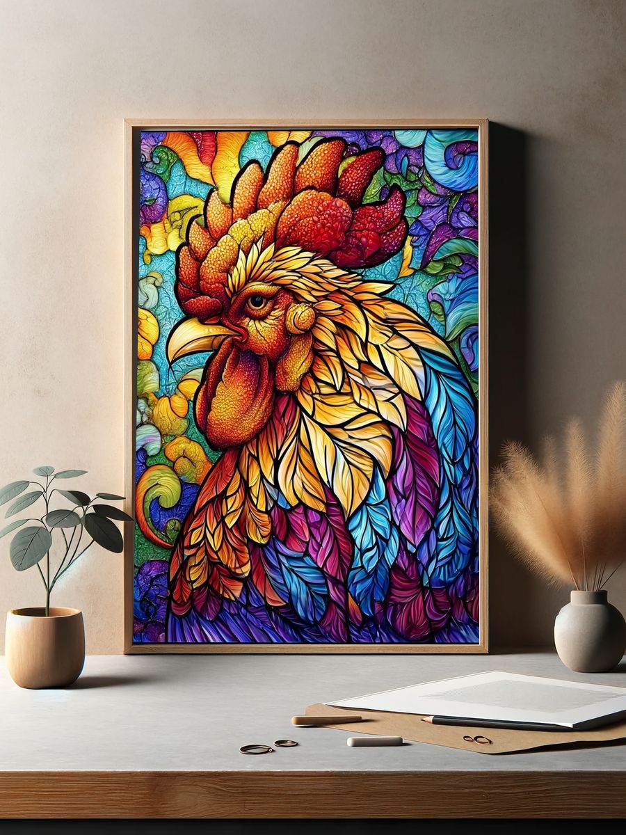 Rainbow Rooster Illustration Poster. — room view 2