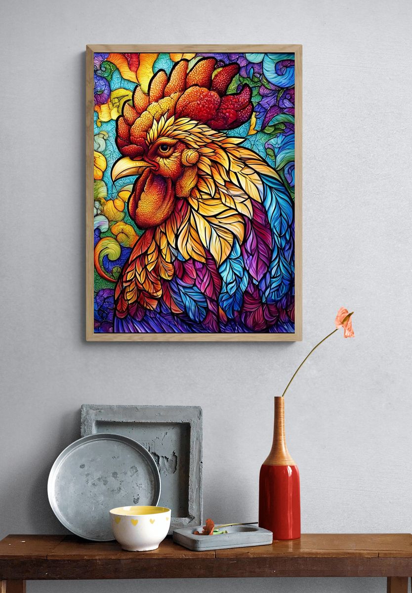 Rainbow Rooster Illustration Poster. — room view 3