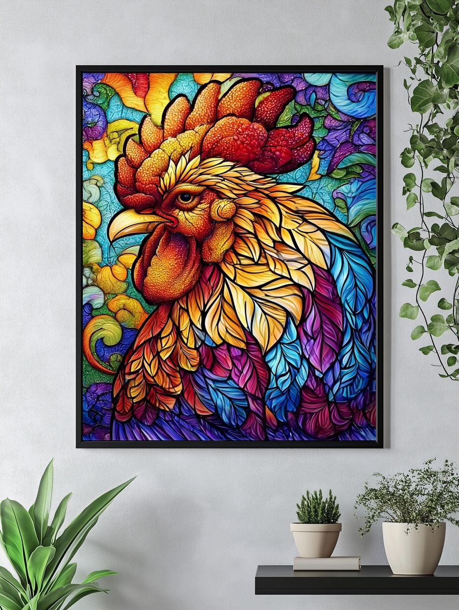 Rainbow Rooster Illustration Poster. — room view 4