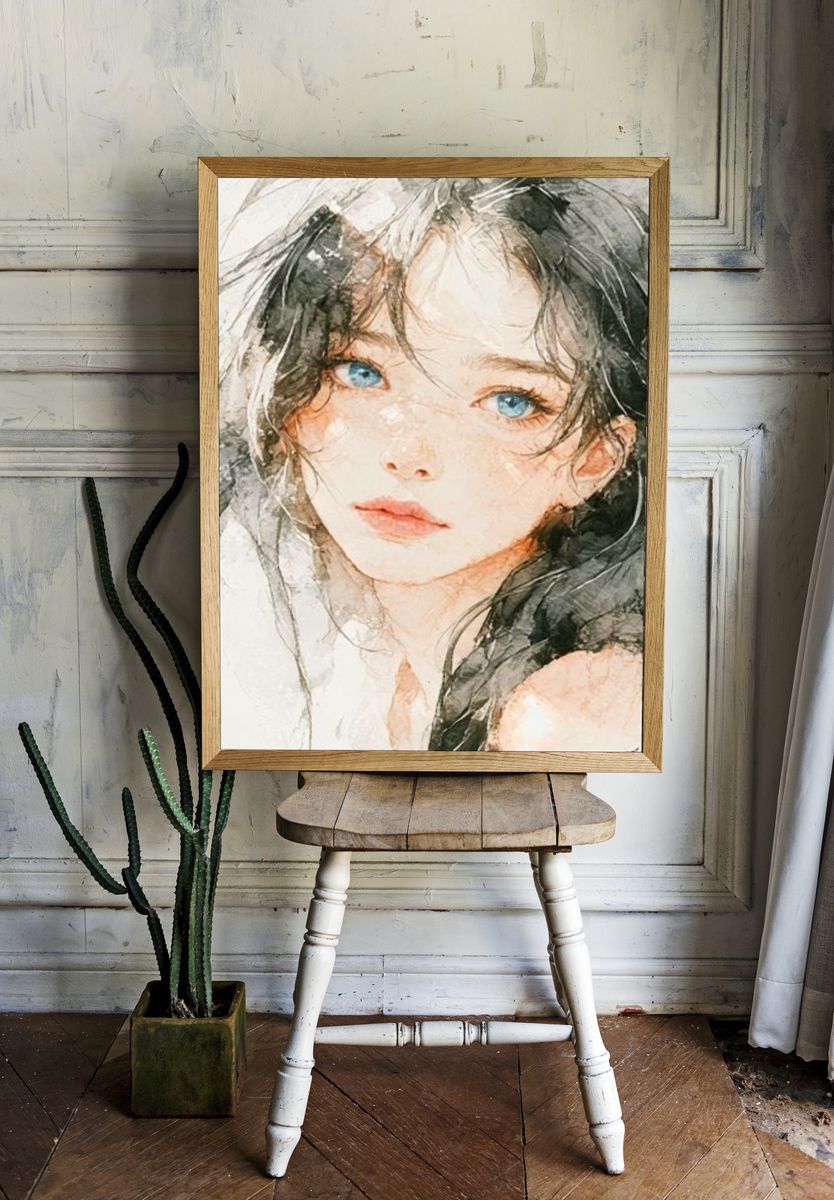 Blue-Eyed Portrait Watercolor Poster. room preview