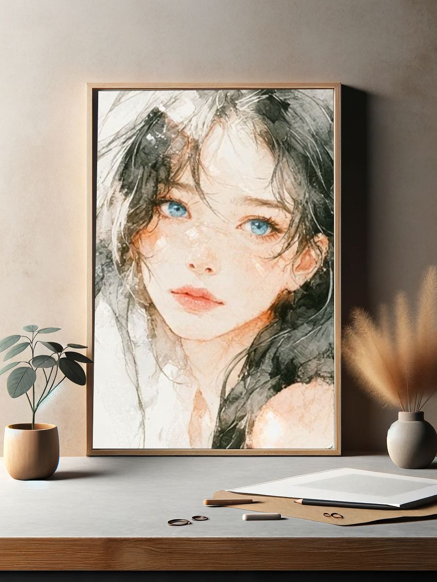 Blue-Eyed Portrait Watercolor Poster. — room view 2