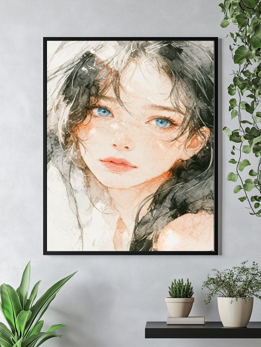 Blue-Eyed Portrait Watercolor Poster. — room view 4