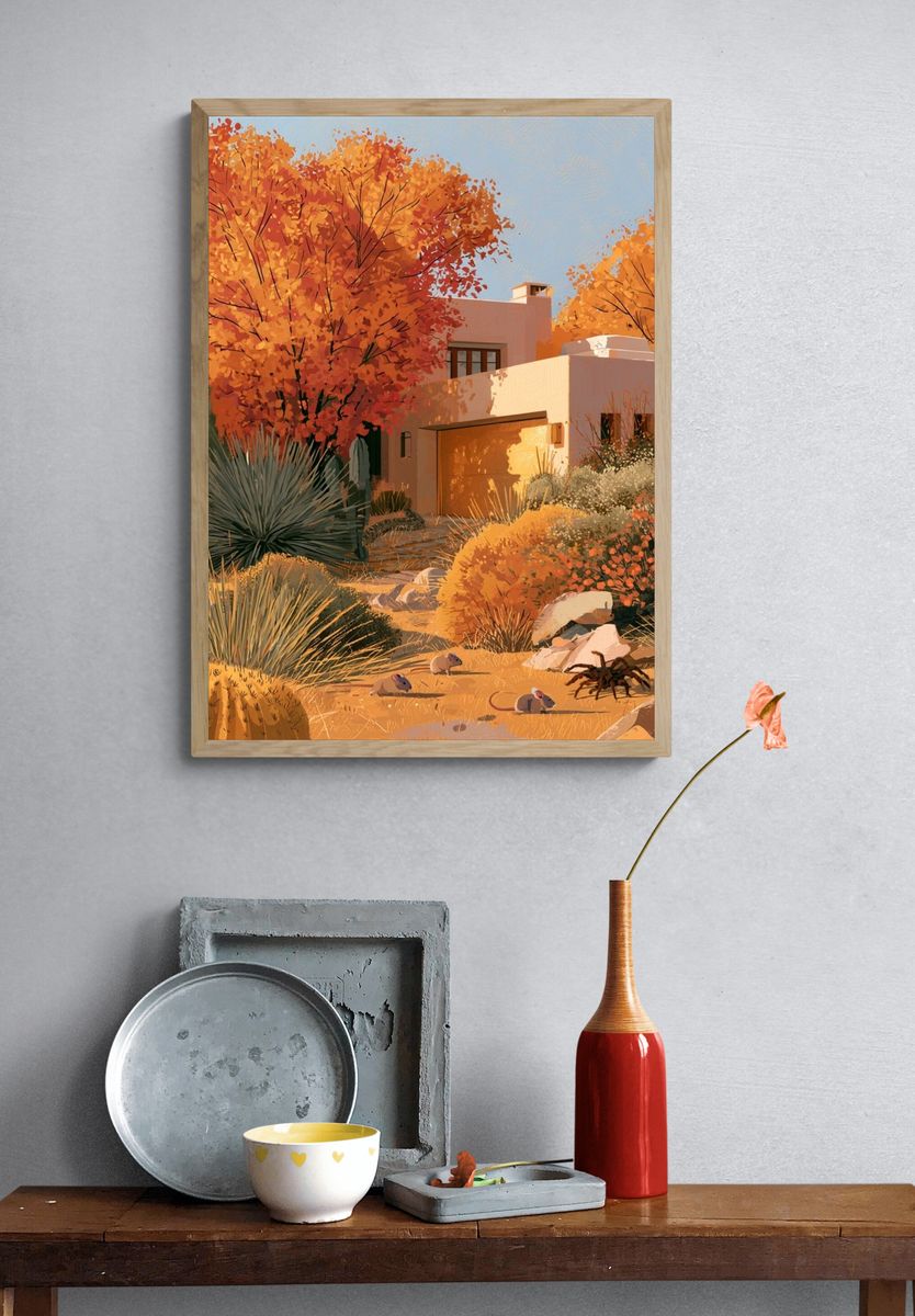 Desert Adobe Garden Illustration Poster. — room view 3