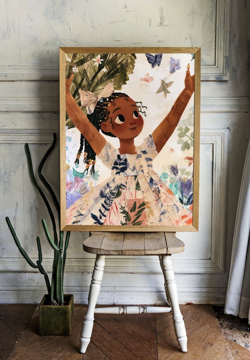 Joyful Girl in Garden Illustration Poster. room preview