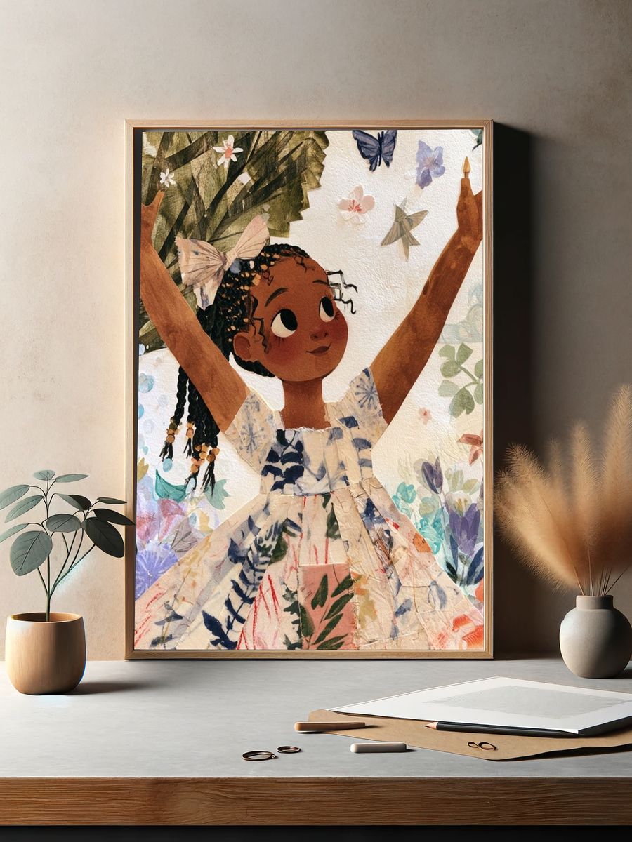 Joyful Girl in Garden Illustration Poster. — room view 2