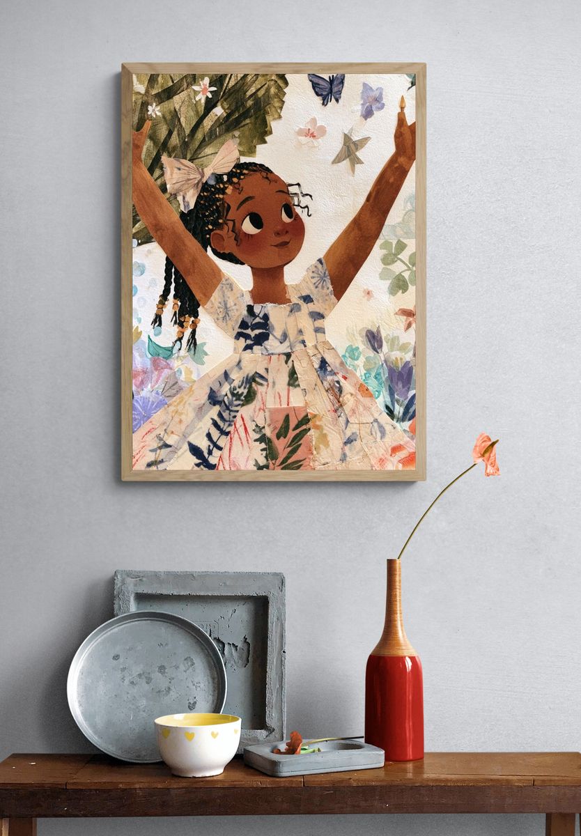 Joyful Girl in Garden Illustration Poster. — room view 3